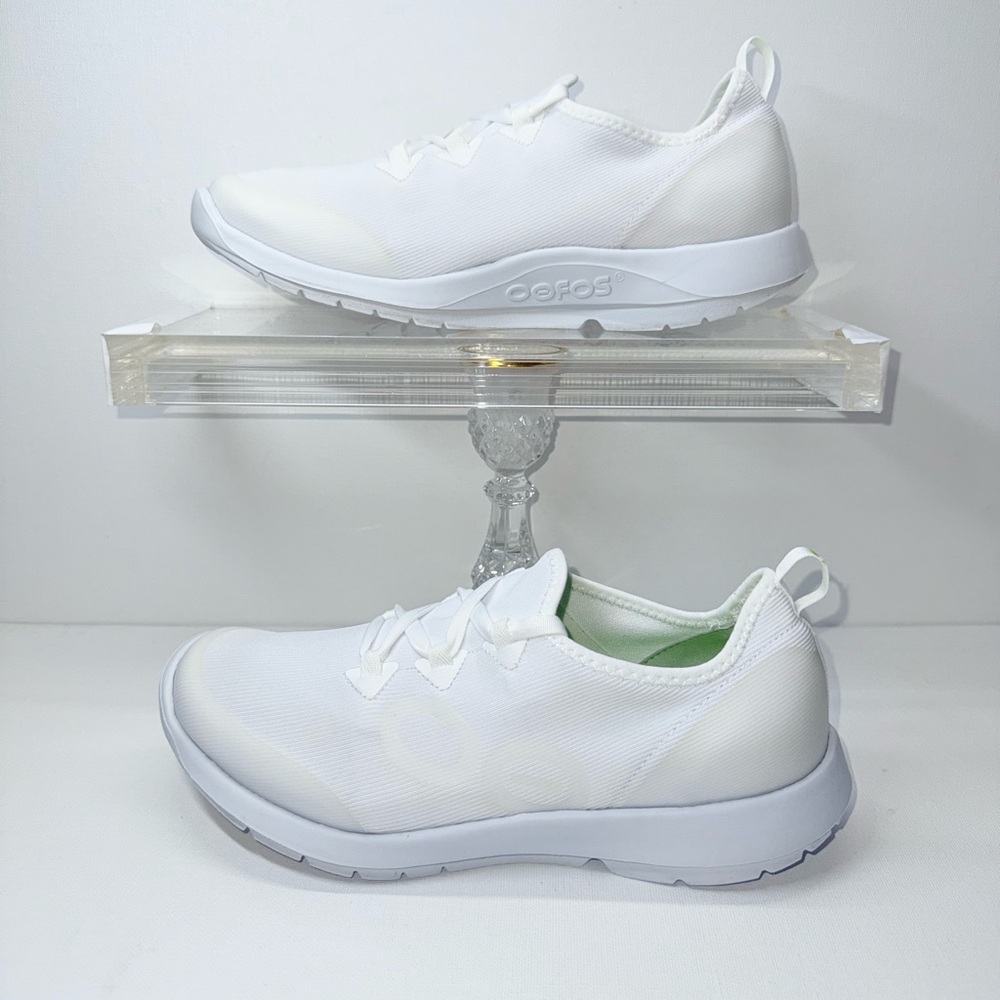 OOFOS Women’s White Athletic Slip-On Sneakers with Light Green Accents - Picture 2 of 8